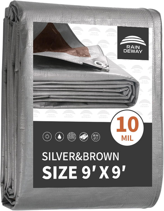 RAINDEWAY Tarps Heavy Duty Waterproof 9x9 Feet, 10Mil Multipurpose Poly Tarp Cover with Metal Grommets and Reinforced Edges, Silver/Brown Tarp