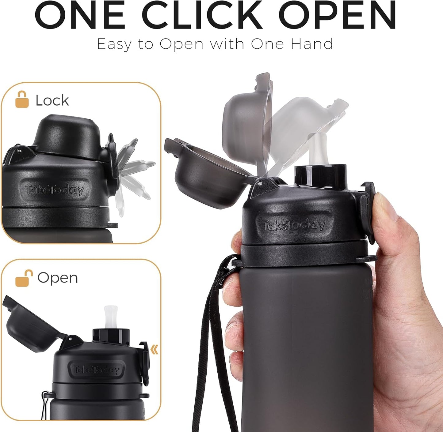 TakeToday Collapsible Water Bottles 20oz, Leak Proof, BPA-Free, Foldable Silicone Travel Water Bottle with Straw Strap for Cycling, Hiking, Outdoors
