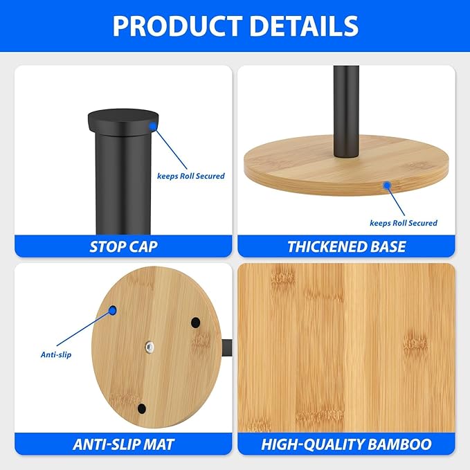Wooden Paper Towel Holder Countertop, Non-Slip Base, Stainless Steel, - Image 3