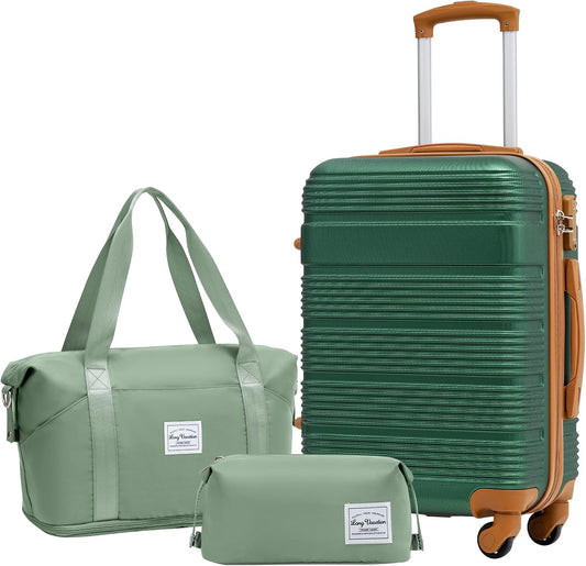 LONG VACATION 3 Piece Carry On Luggage 20 Inch Suitcase with Spinner Wheels, ABS+PC Hardshell Suitcase set with TSA Lock & YKK Zipper