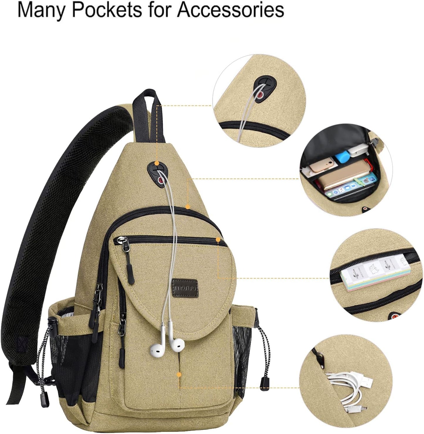 MOSISO Sling Backpack,Canvas Crossbody Hiking Daypack Bag with Anti-theft Pocket, Khaki