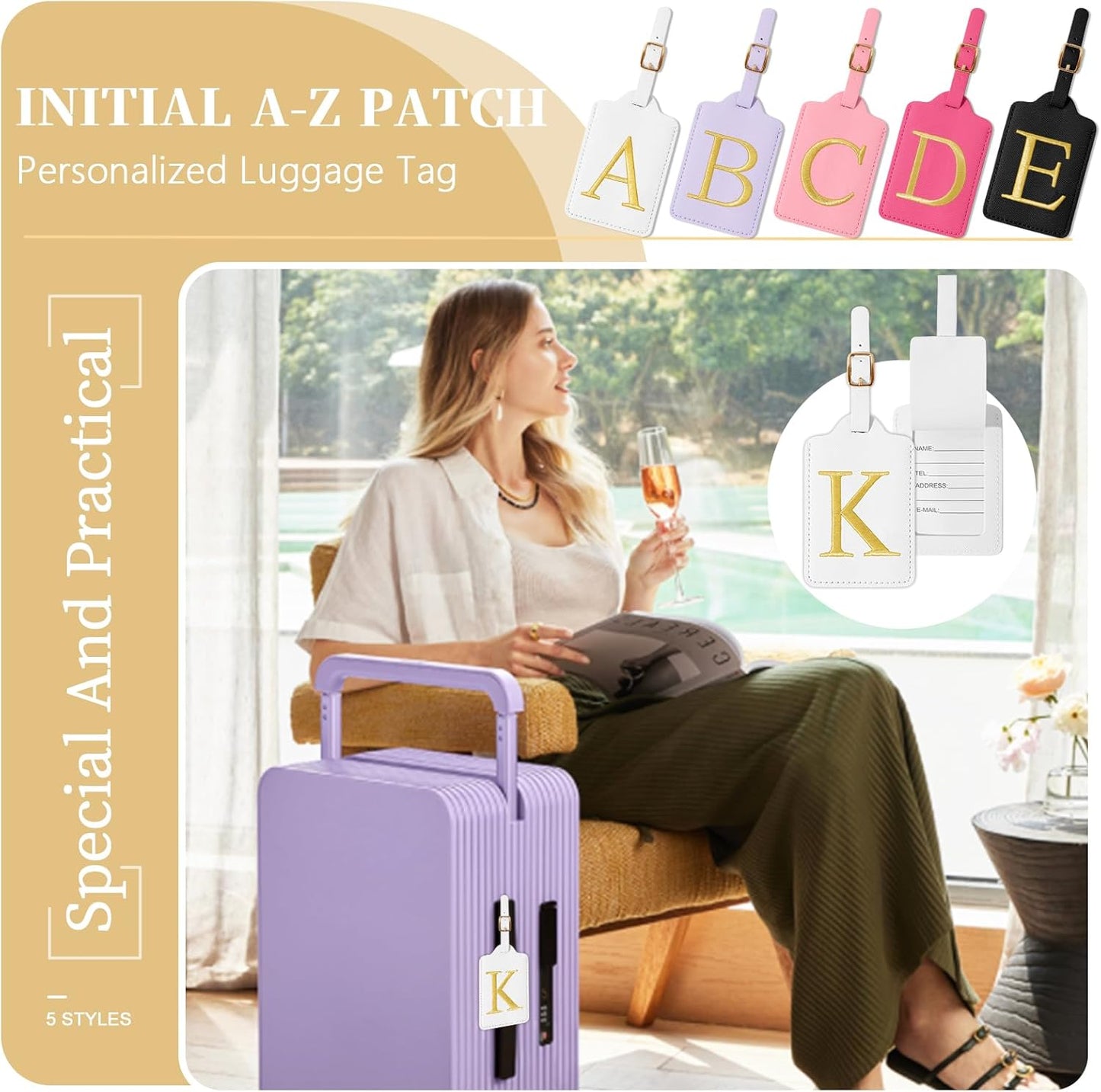 Personalized Initial Luggage Tags for Suitcase TSA Approved, White Leather Cute Luggage Tag with Privacy Cover Name Card, Embroidered Custom Luggage Tags Travel Baggage Tags Gifts for Women Kids(K)