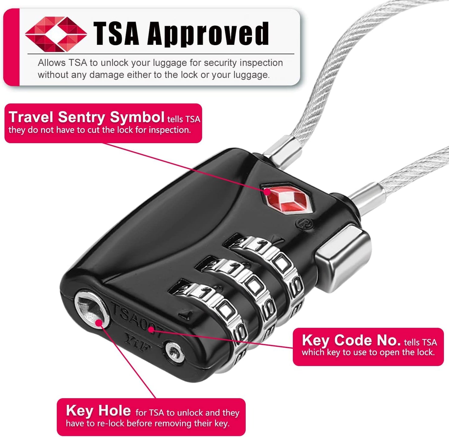 ZHEGE Luggage Locks TSA Approved 4 Pack Cable Padlocks for Suitcase, Baggage, Backpack, Pistol Case (Multiple Colors)