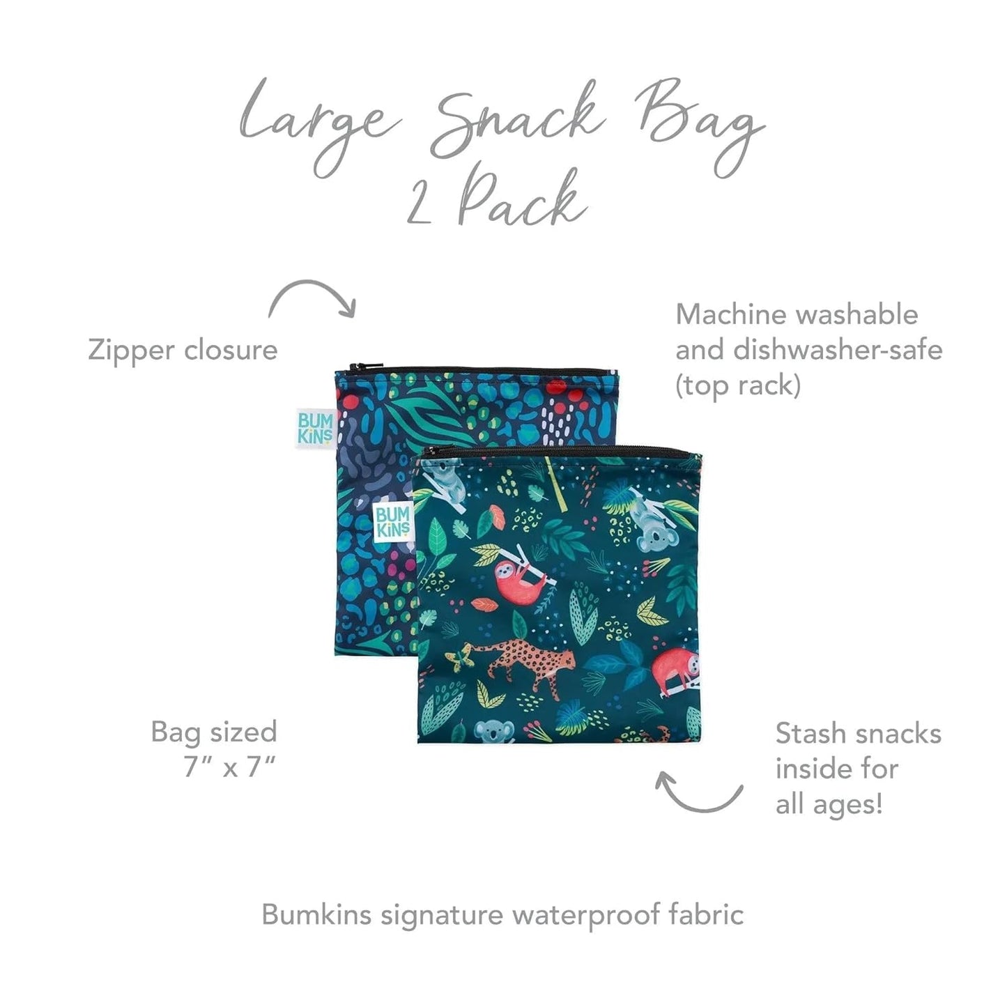 Bumkins Reusable Sandwich and Snack Bags, for Kids School Lunch and for Adults Portion, Washable Fabric, Waterproof Cloth Zip Bag, Travel Pouch, Food-Safe Storage, Large 2-pk Jungle