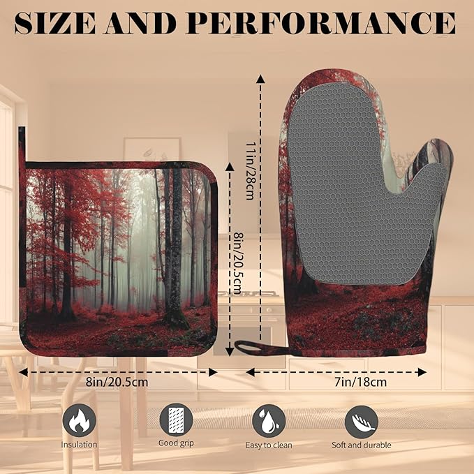Forest Oven Mitts and Pot Holders Sets Red Trees Landscape Silicone Heat - Image 3