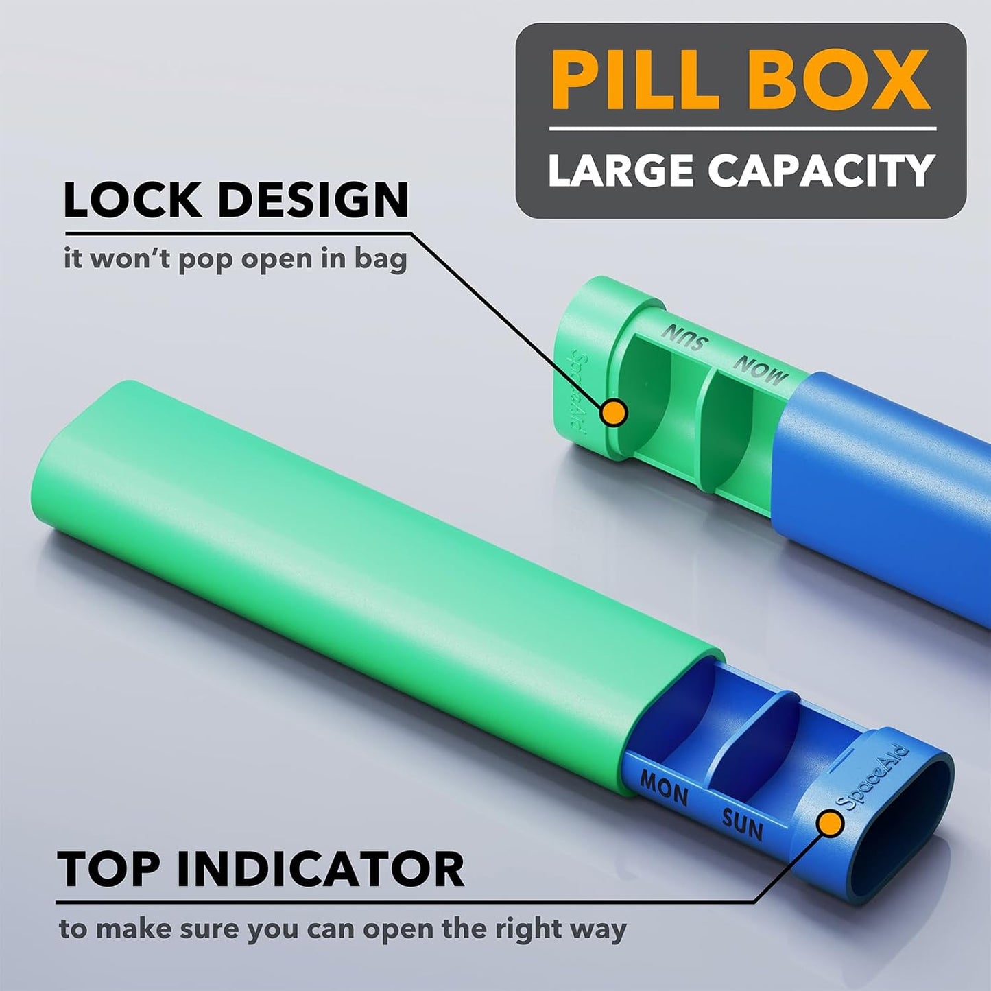 SpaceAid 2 Pack Pill Organizer Box 7 Day, Weekly Travel Pill Case Holder, 2 Times a Day AM PM Daily Pocket Pharmacy Dispenser Container for Pills, Vitamins and Medicine (Blue, Green)