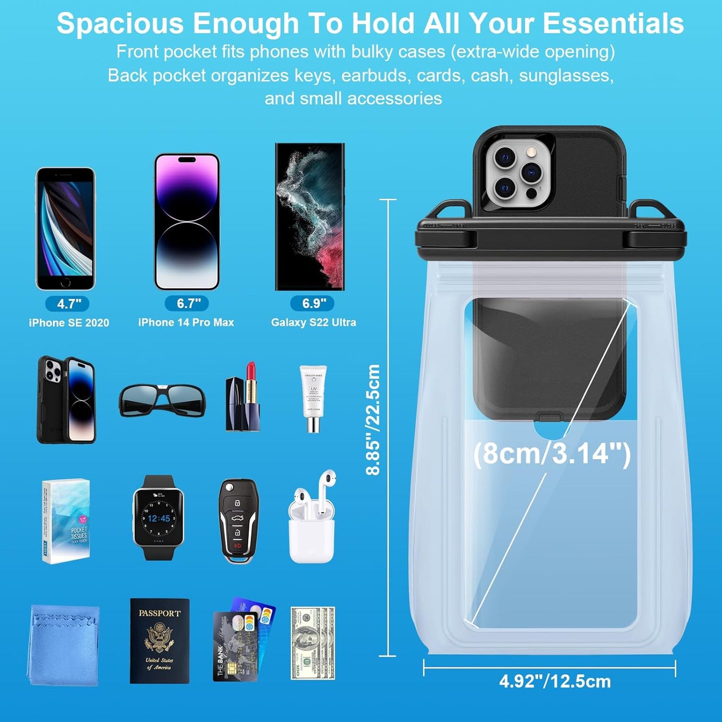 2 Pack Large Waterproof Phone Pouch Floating, Waterproof Phone Case for iPhone 16 15 14 13 Pro Max Galaxy S25 S24 All Devices, IPX8 Double Sealing, Water Proof Bag for Beach Water Park