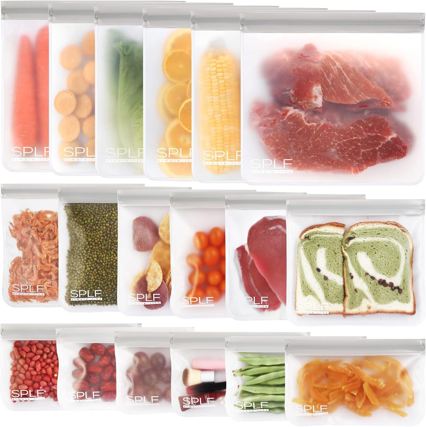 SPLF 18 Pack BPA FREE Reusable Storage Bags (6 Gallon Freezer Bags, 6 Sandwich Bags, 6 Snack Bags), Extra Thick Leakproof Silicone and Plastic Free Lunch Bag
