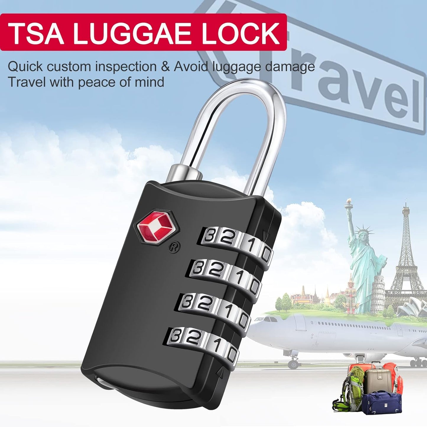 ZHEGE Travel Locks 2 Pack, TSA Locks for Luggage with Flexible Cable (30 Inch) for Gym, Suitcase, Backpack, Baggage, Easy Read Dial with Alloy Body (2 Pack, Black)