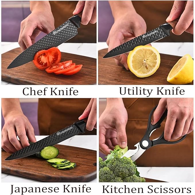 Kitchen Knife Set, Retrosohoo 6-Pieces Khaki Sharp Knife Block Set - Image 3