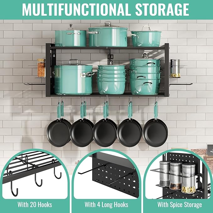 31 Inch Pot Rack Wall Mounted, 2-Tier Pots and Pans Organizer - Image 5