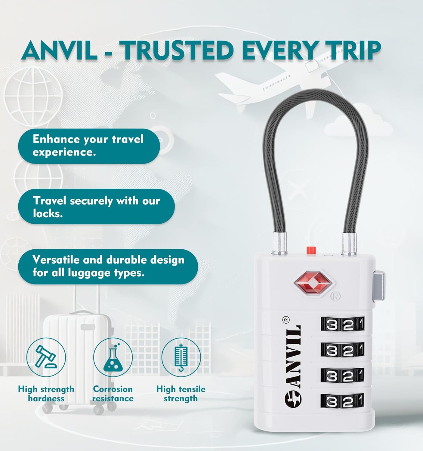 ANVIL 4 Digit Luggage Locks, TSA Locks for Luggage, Advanced TSA008 core, Alert Indicator for Your Travel Lock, Suitcase Lock. (2, White)