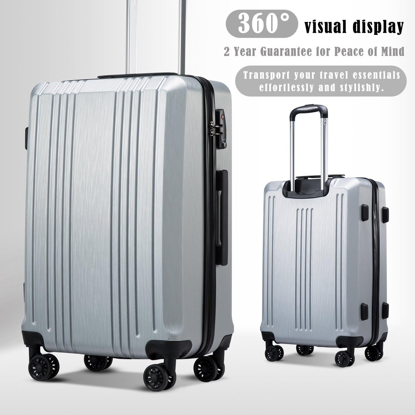 Coolife Luggage Suitcase PC+ABS with TSA Lock Spinner Carry on Hardshell Lightweight 20in 24in 28in (sliver, L(28IN))