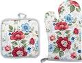 Floral Oven Mitts and Pot Holders Sets 2 Pcs, Canvas Heat Resistant Kitchen by QEES