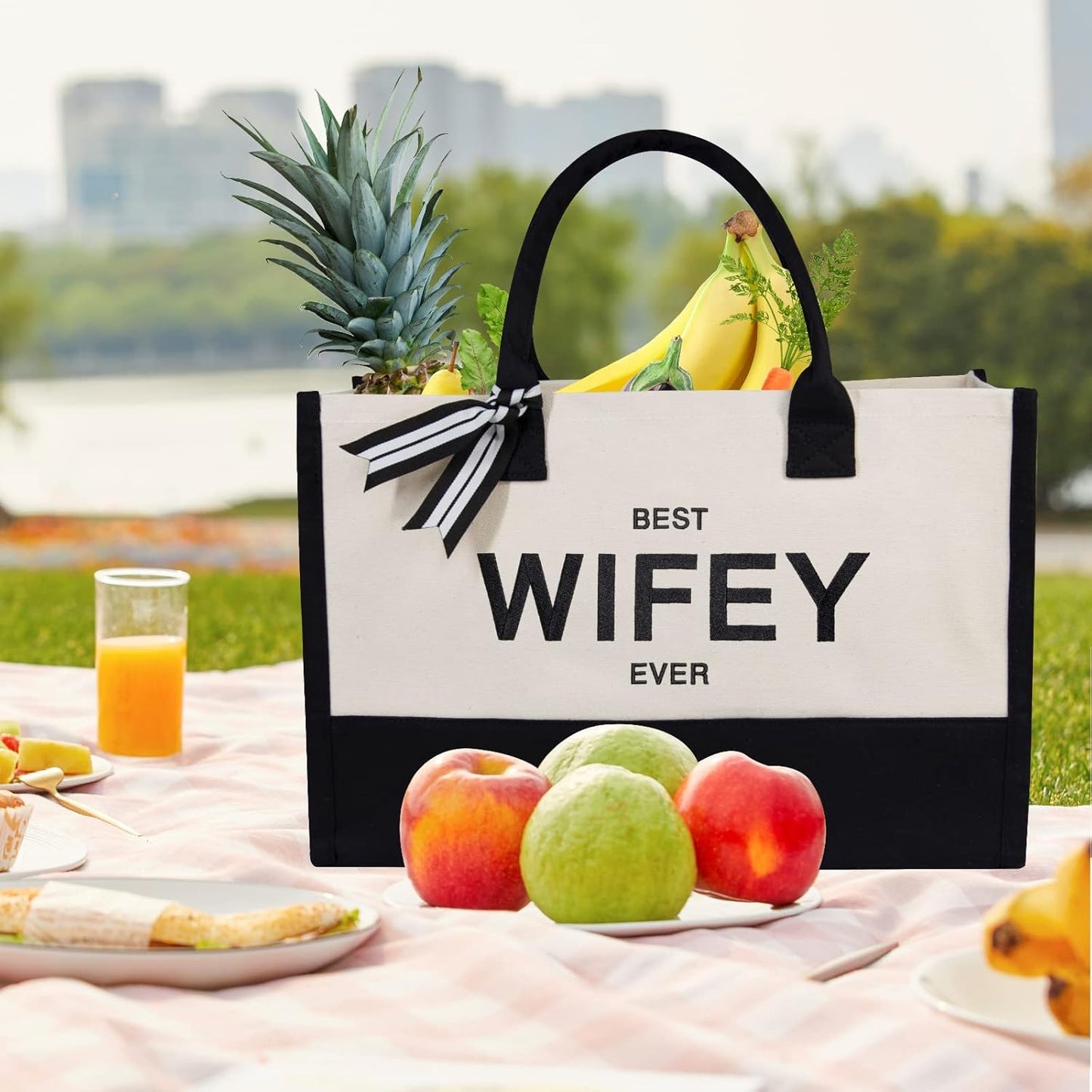 TOPDesign Embroidery Canvas Tote Bag for Women, Gifts for Wife from Husband, Personalized Anniversary Wife's Birthday or Valentine's Day Present, Ideal for Wedding, Beach, Holiday