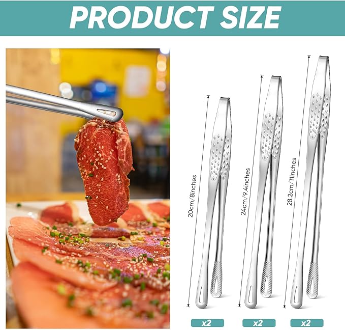 meekoo 6 Pcs 3 Size Stainless Steel Korean BBQ Grill Tongs Japanese Barbecue - Image 2