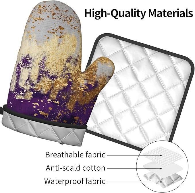 3 - Piece Purple and Gold Splash Patterned Oven Mitts and Pot Holders Set - Image 9