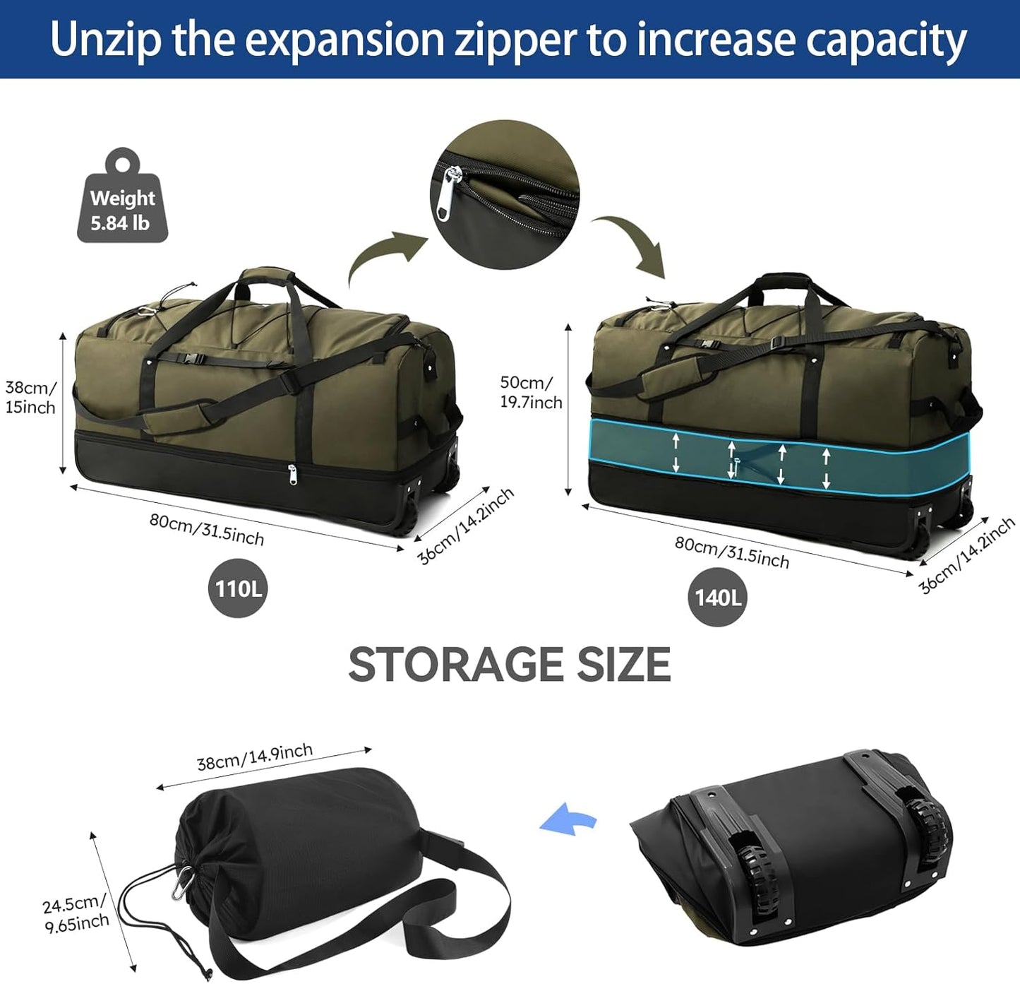 110L Expandable to 140L 32” Foldable Oxford Soft-Sided Rolling Duffle Bag with 2 Heavy-Duty Wheels,3 Large Compartments,Adjustable Shoulder Strap and Attached Organizer Pouch,Green