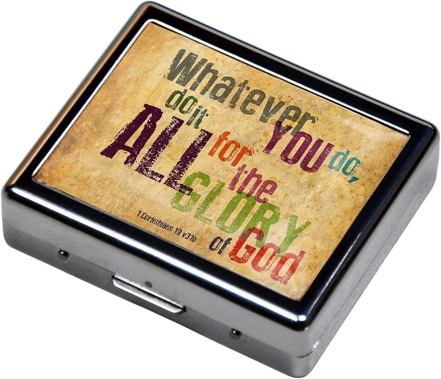 Silver Vintage Pill Box 7 Day Metal Pill Box with Mirror and 8 Compartments Cute Travel Pill Organizer for Purse (Christian Bible Verse)