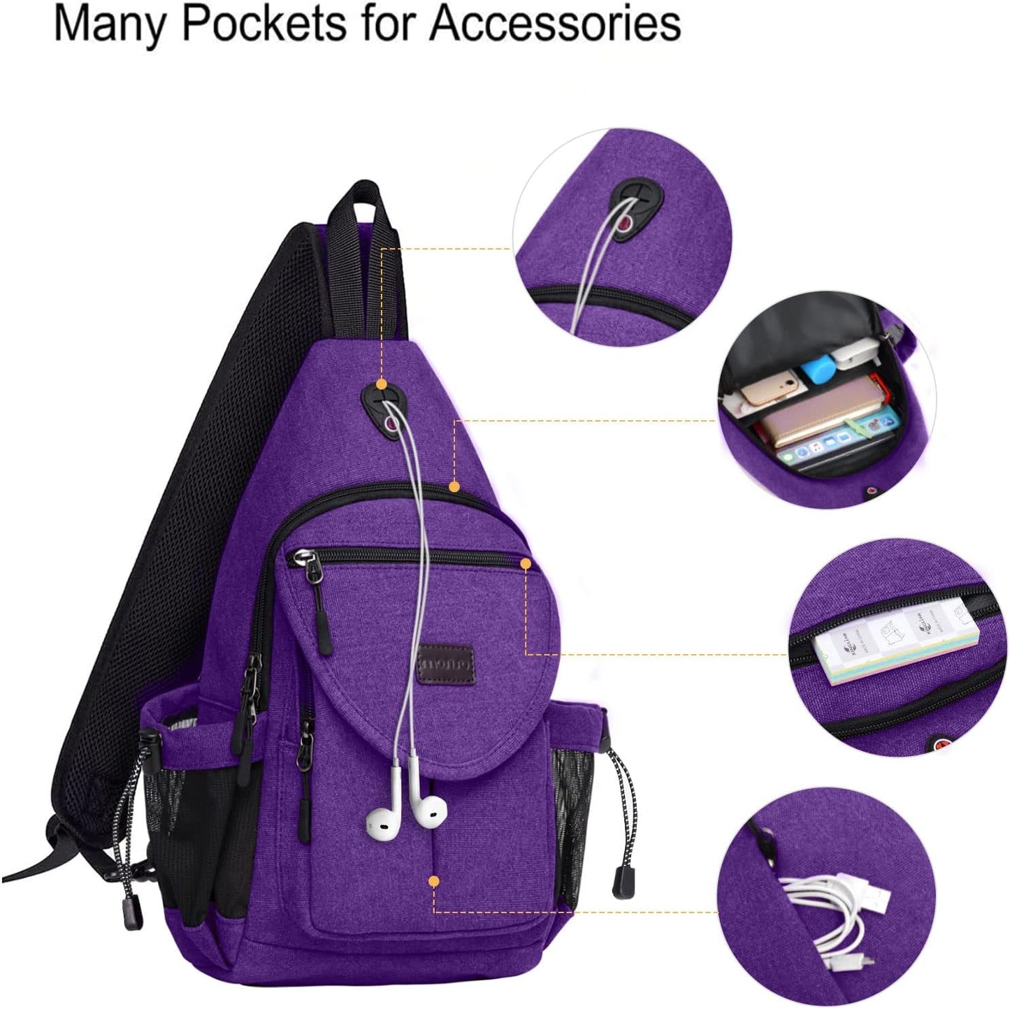MOSISO Sling Backpack,Canvas Crossbody Hiking Daypack Bag with Anti-theft Pocket, Purple