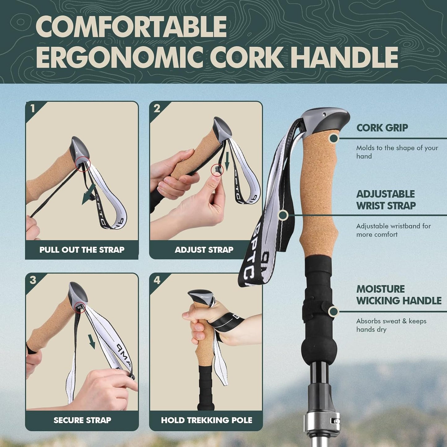 GPTCAMP Nordic Walking Stick, TPZ-1, 2pc Folding Collapsible Hiking Poles with Metal Quick Lock, Cork Handle, Lightweight 7075 Aluminum Trekking Poles for Seniors Women Men Hiking Gear