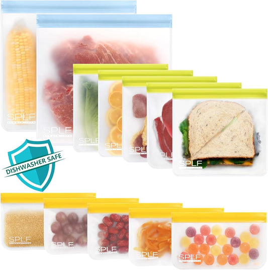 SPLF 12 Pack Dishwasher Safe Reusable Bags Silicone, Leakproof Reusable Freezer Bags, BPA Free Reusable Storage Bags for Lunch Marinate Food Travel - 2 Gallon 5 Sandwich 5 Snack Bags