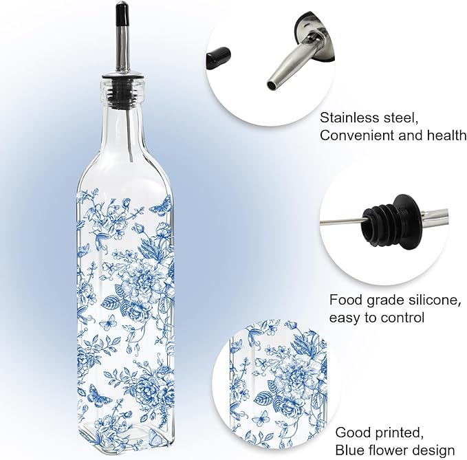 JarThenaAMCS Chinoiserie Olive Oil Dispenser Bottle Blue Floral Glass Cruet - Image 3