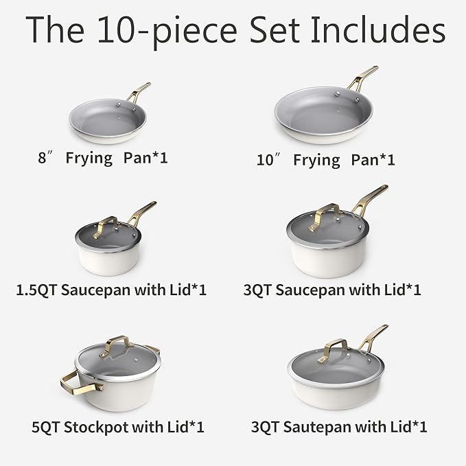 10-Piece Nonstick Ceramic Cookware Set, Non-Toxic Ceramic Coated Aluminum Pots - Image 3