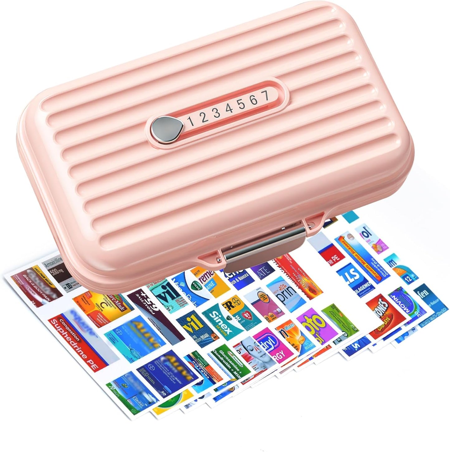 Travel Pill Organizer Box with Medicine Labels, 7 Compartments Portable Pill Case, Daily Medication Organizer Storage Pill Container for Pocket Pharmacy(Pink, L)