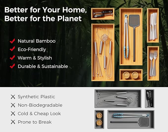 Bamboo Kitchen Drawer Organizer Boxes – 9" x 3" Stackable Wood Silverware - Image 8