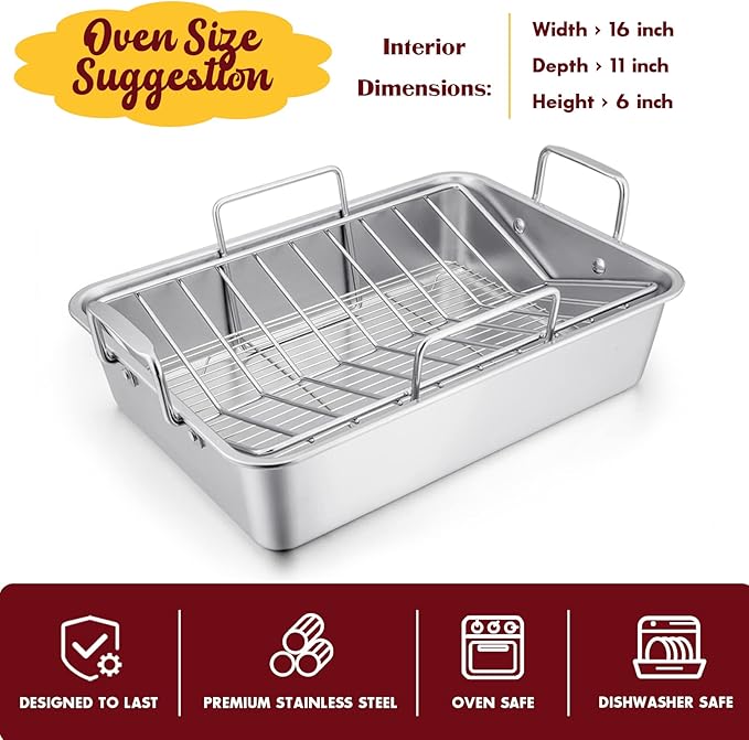 E-far 14 x 10.6 Inch Roasting Pan, Stainless Steel Turkey Roaster - Image 3