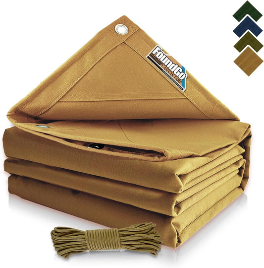 FoundGo 8x10ft Canvas Tarp 22 Mil Tarps 14 oz Canvas Tarpaulin Heavy Duty Cloth Water/UV Resistant Cover with Rustproof Grommets & Ropes for Cars,Roofs,Boats,Camps,Sunshades，Moisture Barrier -Tan