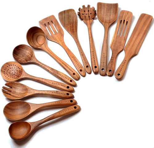 12 Pack Wooden Spoons for Cooking by BOKALAKA