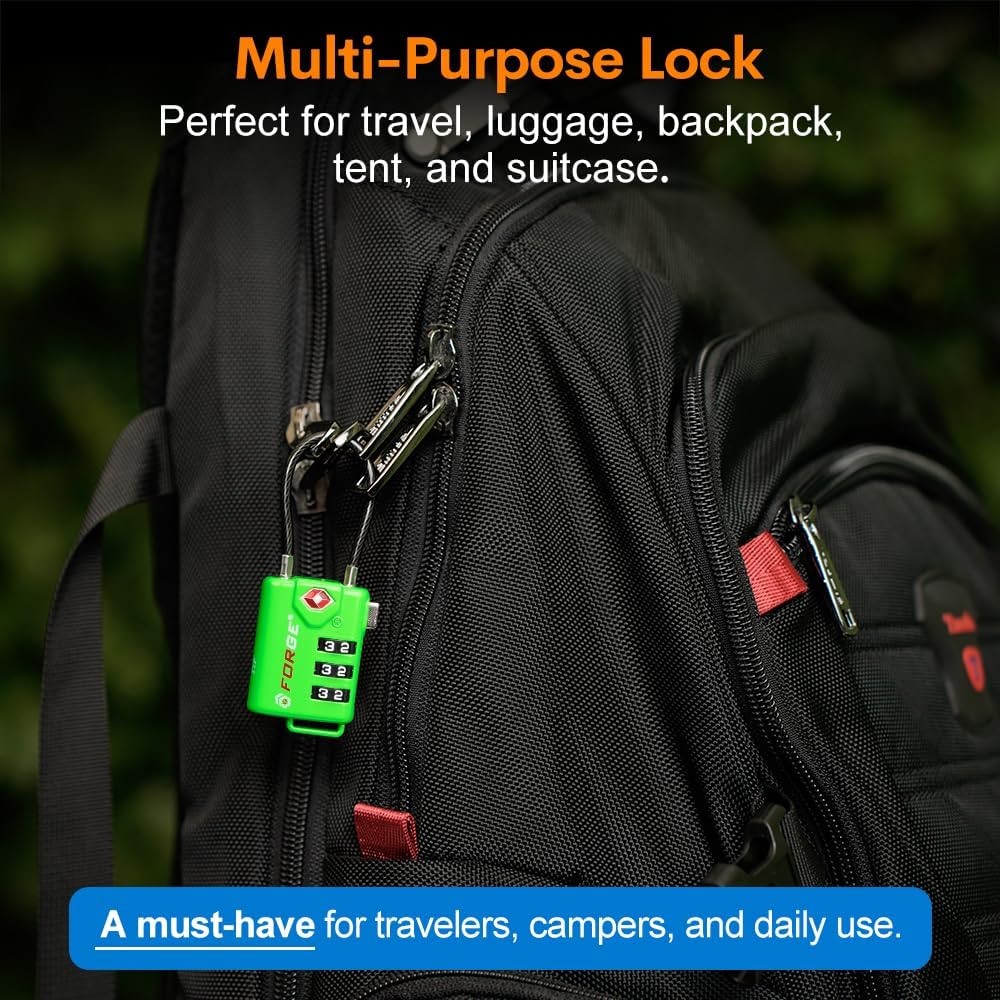 TSA Approved Cable Luggage Locks, Re-settable Combination with Alloy Body (Green 4 Locks)