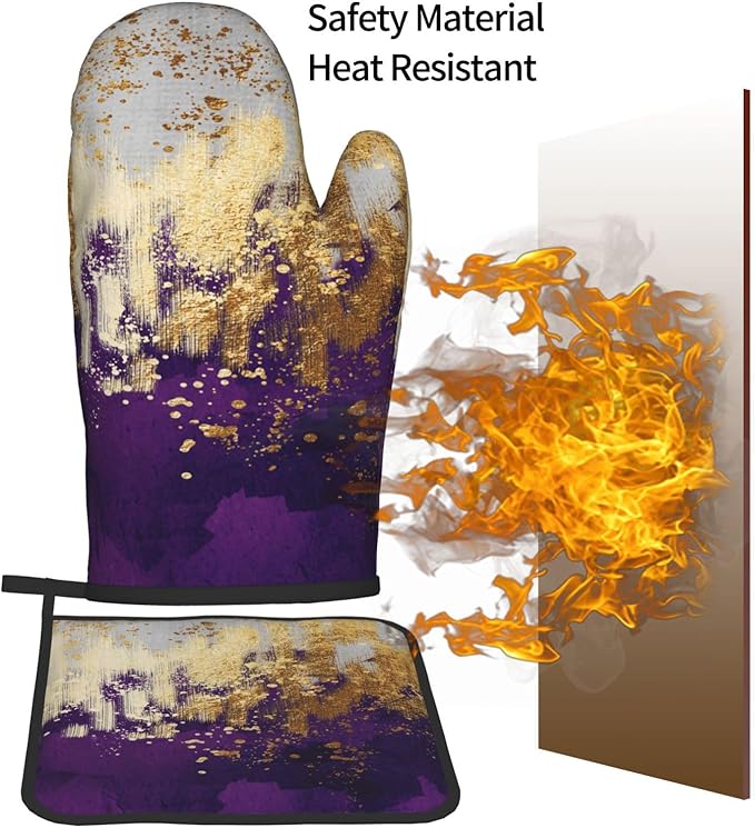 3 - Piece Purple and Gold Splash Patterned Oven Mitts and Pot Holders Set - Image 7