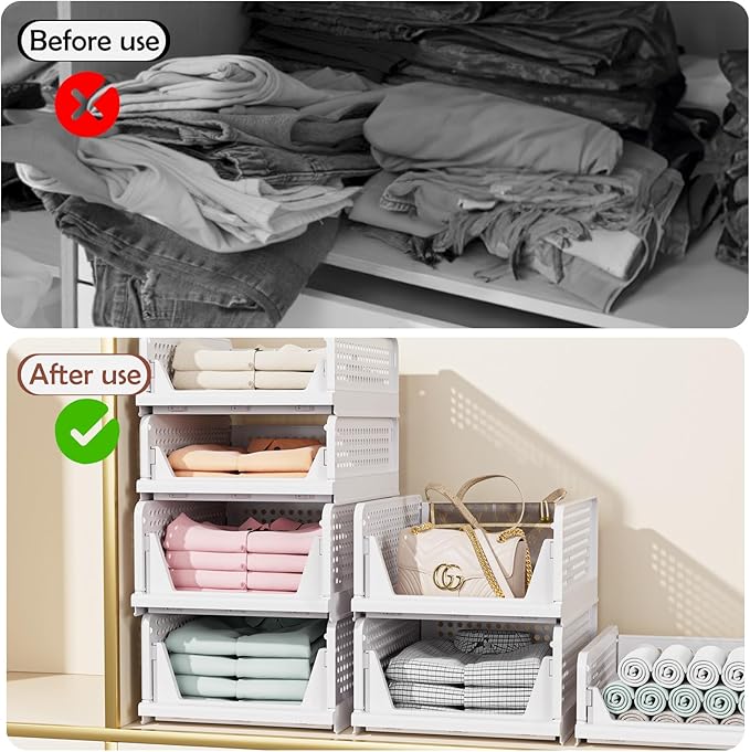 4 Pack Folding Closet Organizers Storage Box, Stackable Storage Bins, Plastic - Image 5