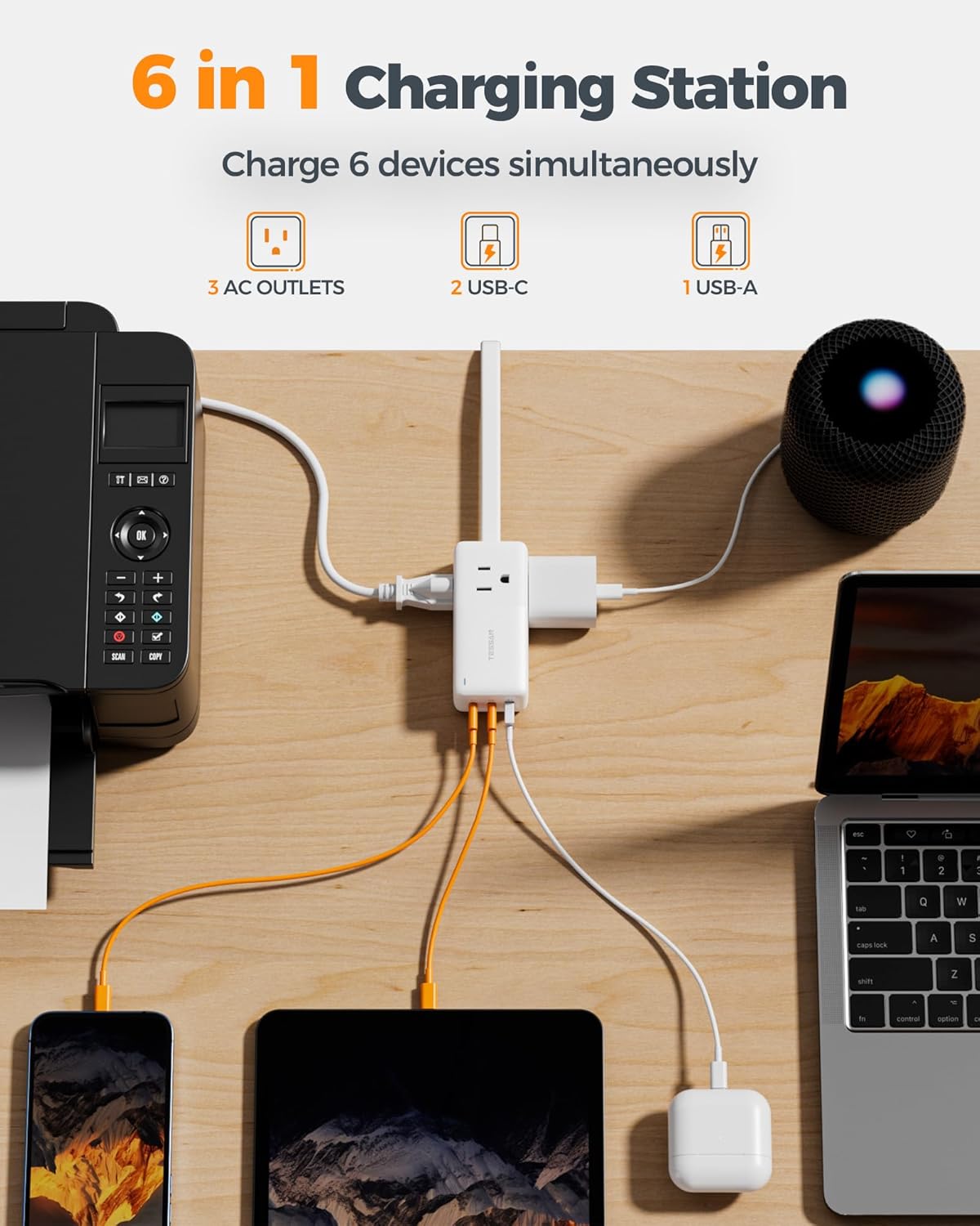 TESSAN USB Charging Station PD 65W, USB C Charger Blocks with 3 AC Outlets, Desktop Phone Fast Charger with Flat Plug for Phone Tablet Laptop, Travel, Office