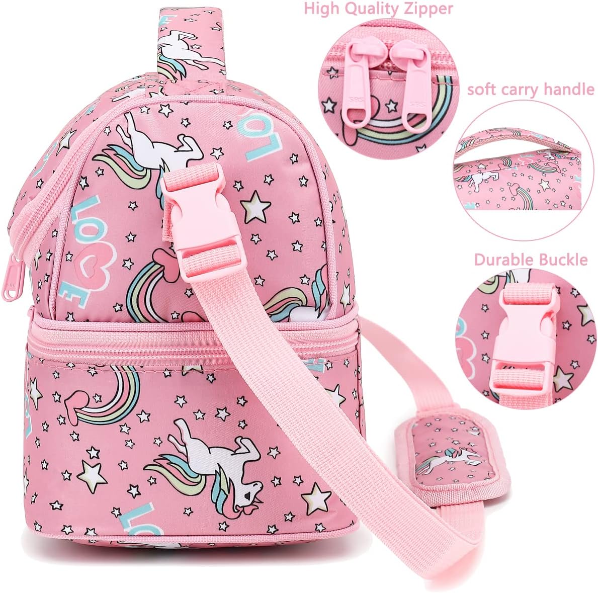 FlowFly Double Decker Cooler Insulated Lunch Bag Large Tote for Boys, Girls, Men, Women, With Adjustable Strap (Red-Unicorn)