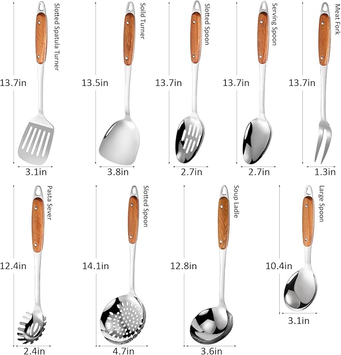 304 Stainless Steel Cooking Utensils Set, Solid Spoon, Skimmer Spoon, Spaghetti - Image 2