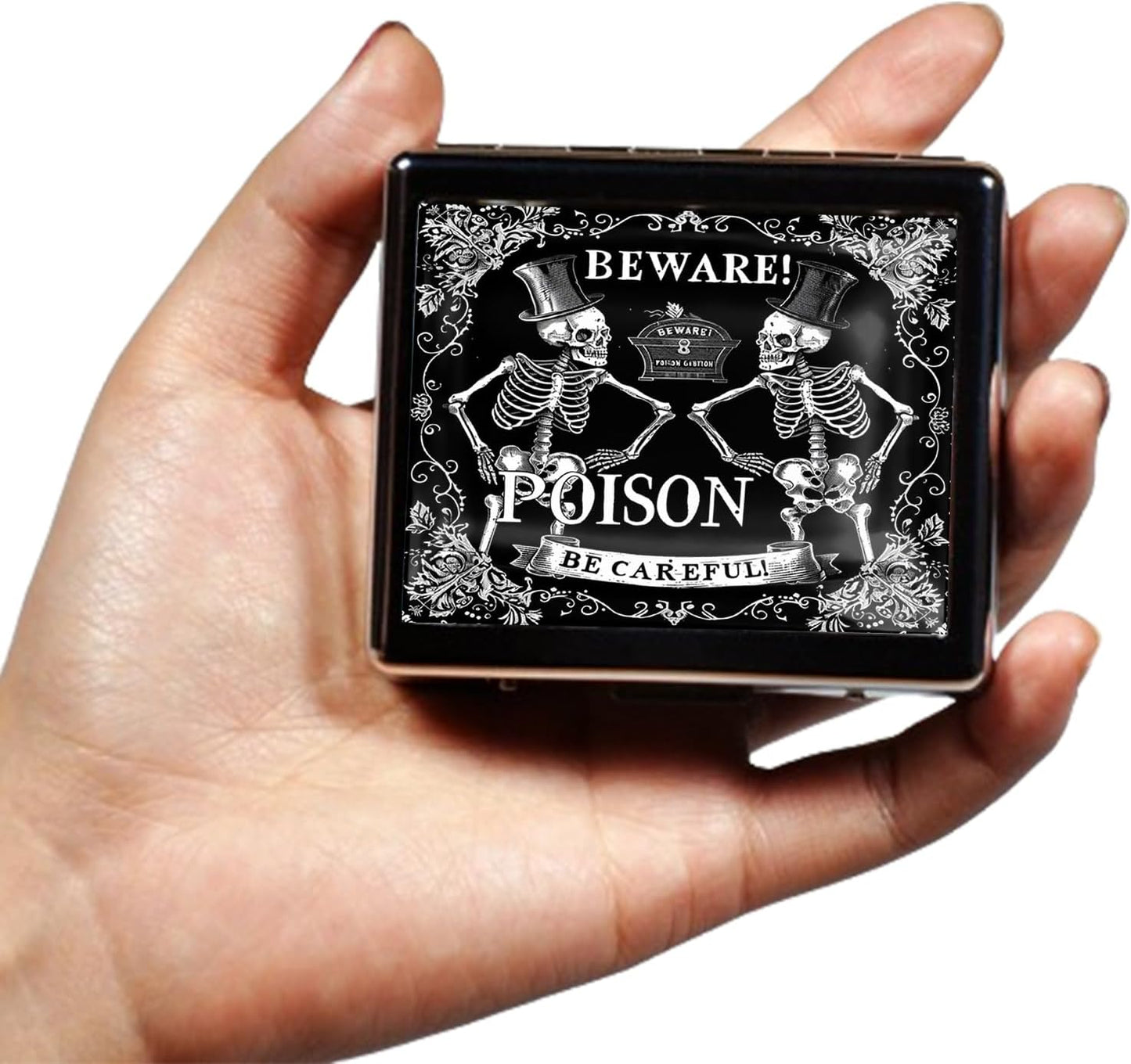 Cute and Portable Metal Pill Organizer – 8 Compartments, Elegant Chrome Finish, Ideal for Travel and Daily Use (Beware Poison Skeletons)
