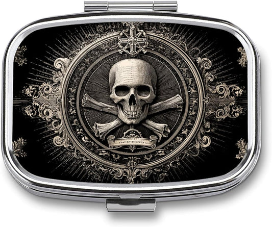 Metal 2 Compartment Pill Organizer Travel Friendly Portable Compact Pill Box Cute Pill Case,for Pocket Wallets Daily Portable Medicine Vitamin Tablet Storage (Skull)