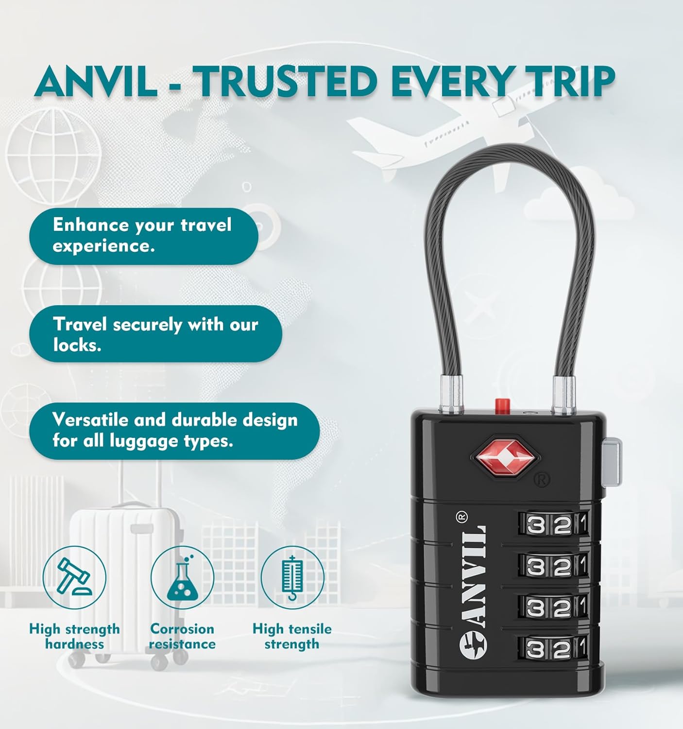 ANVIL 4 Digit Luggage Locks, TSA Locks for Luggage, Advanced TSA008 core, Alert Indicator for Your Travel Lock, Suitcase Lock. (1, Black)