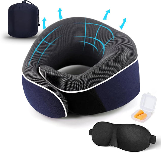 Travel Neck Pillow, Best Memory Foam Airplane Pillow for Head Support Soft Adjustable Pillow for Plane, Car & Home Recliner Use (Blue)