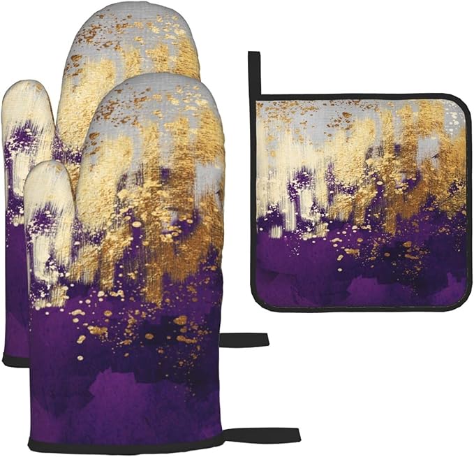 3 - Piece Purple and Gold Splash Patterned Oven Mitts and Pot Holders Set by Unknown