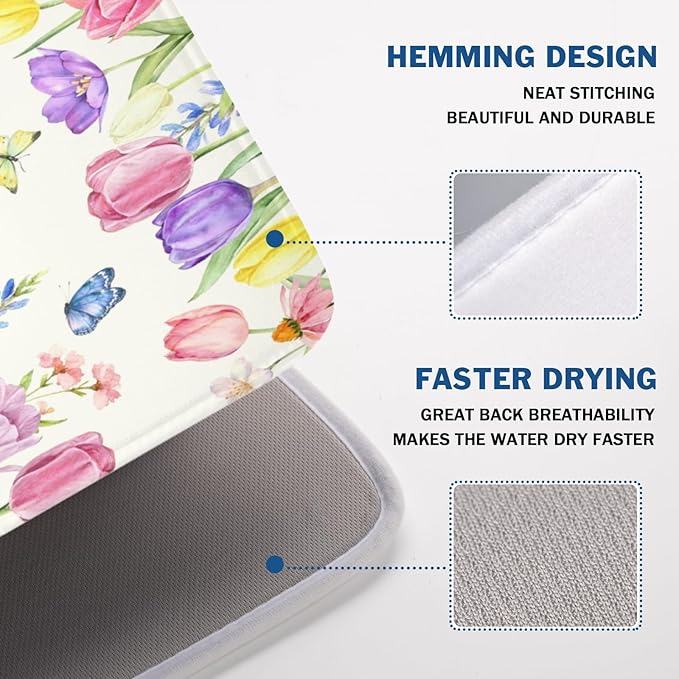 Spring Floral Dish Drying Mat for Kitchen Counter Easter Tulip Lavender Flower - Image 4
