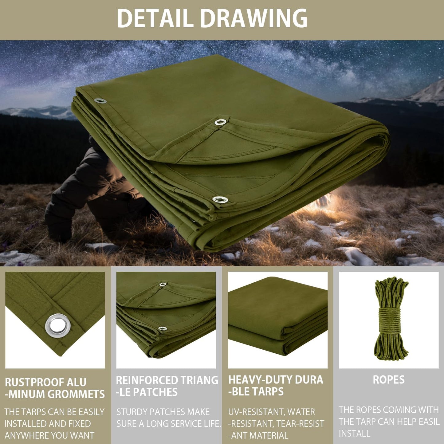 FoundGo Canvas Tarp 10x16ft Heavy Duty Waterresistant Tarps with Grommets, UV Resistant, 22 Mil Tarpaulin,14 oz Durable Cloth Covers for Car, Roof, Boat, Camp, Canopy, Woodpile with Ropes-Moss