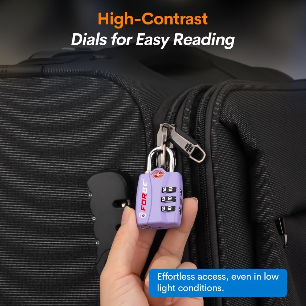 Forge Luggage Locks TSA Approved 4 Pack Purple, Small Combination Lock with Zinc Alloy Body, Open Alert, Easy Read Dials, for Travel Suitcase, Bag, Backpack, Lockers.