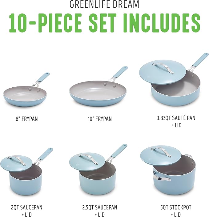 GreenLife 10-Piece Nonstick Ceramic Cookware Set, Lightweight Healthy PFAS-Free - Image 3