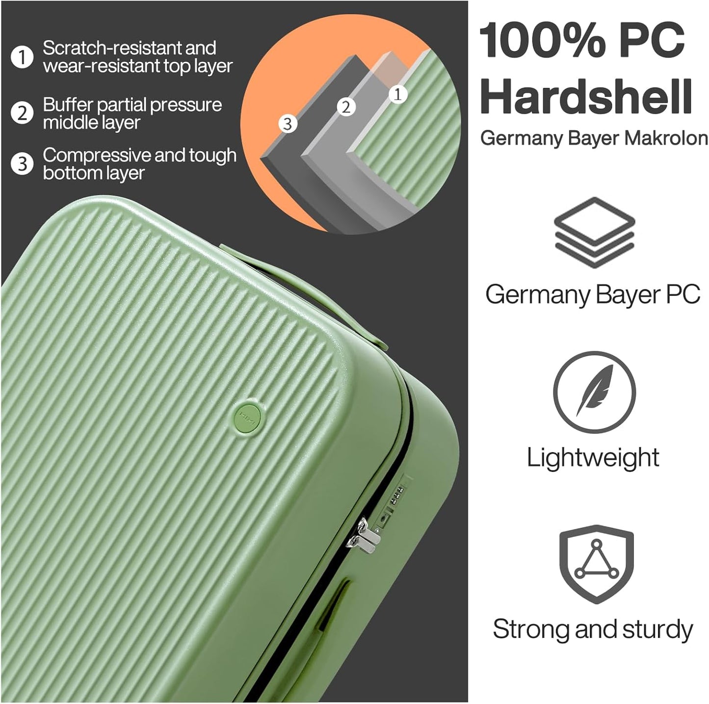 mixi 26 Inch Large Checked Luggage PC Hardshell Suitcases with Wheels for Travel Woman Men, Avocado Green