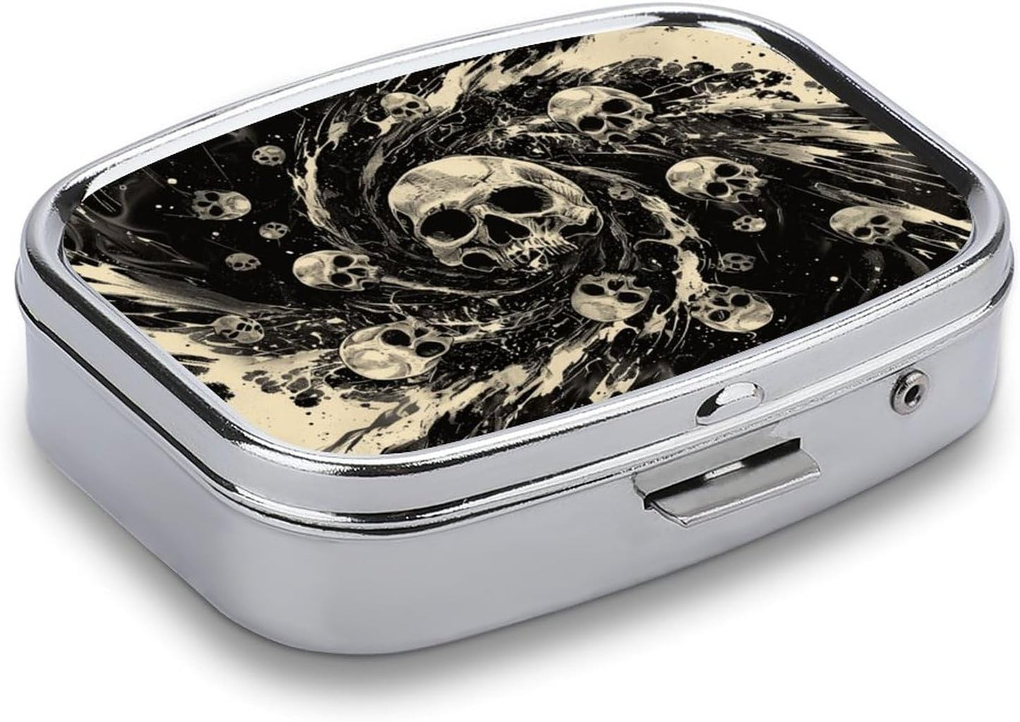 Metal 2 Compartment Pill Organizer Travel Friendly Portable Compact Pill Box Cute Pill Case,for Pocket Wallets Daily Portable Medicine Vitamin Tablet Storage (The Skeleton in The Vortex)